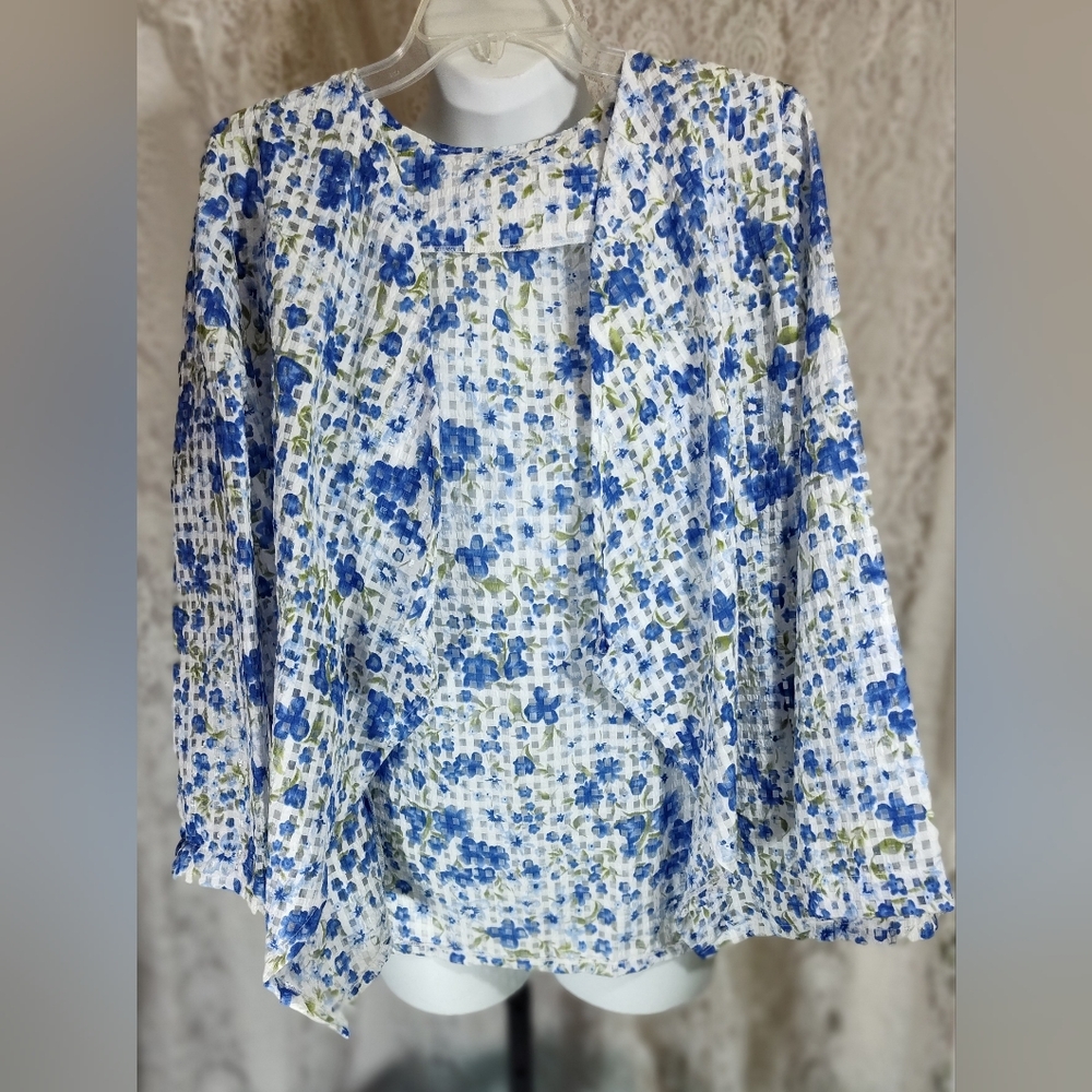 Floral Blue White Open Waterfall Jacket Kimono Women's Top nwot